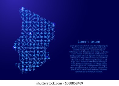 Map Chad from printed board, chip and radio component with blue star space on the contour for banner, poster, greeting card. Computer electronics processor motherboard. Vector illustration. 