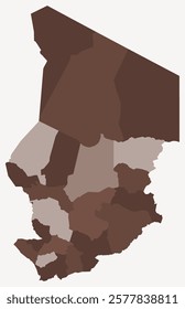 Map of Chad with regions. Just a simple country border map with region division. Brown color palette. Plain Republic of Chad shape with administrative division. Vector illustration.