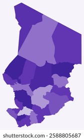 Map of Chad with regions. Just a simple country border map with region division. Deep purple color palette. Blank Republic of Chad shape with administrative division. Vector illustration.