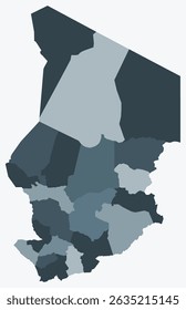 Mapa do Chade com regiões. Apenas um simples mapa de fronteira de país com divisão de região. Paleta de cores cinza azul. Forma branca da República do Chade com divisão administrativa. Ilustração vetorial.