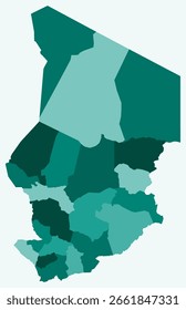 Map of Chad with regions. Just a simple country border map with region division. Teal color palette. Blank Republic of Chad shape with administrative division. Vector illustration.