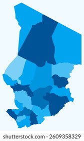 Map of Chad with regions. A simple country border map with region division. Light blue color palette. Flat Republic of Chad shape with administrative division. Vector illustration.