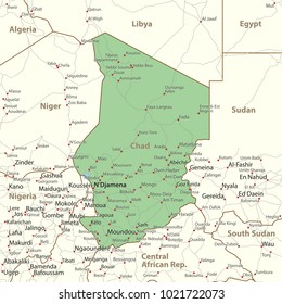 Map of Chad. Shows country borders, urban areas, place names and roads. Labels in English where possible.Projection: Mercator.