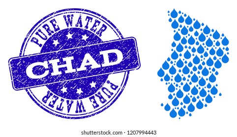 Map of Chad vector mosaic and Pure Water grunge stamp. Map of Chad formed with blue liquid tears. Seal with corroded rubber texture for clear drinking water.