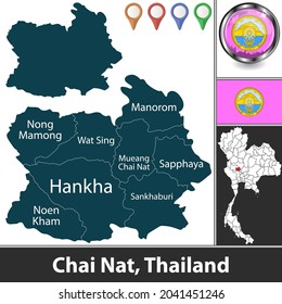 Karte der Provinz Chai Nat mit Bezirken und Lage auf thailändischer Karte. Vektorbild