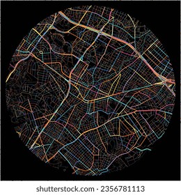 Map of Chalandri, Attica with all major and minor roads, railways and waterways. Colorful line art on black background.