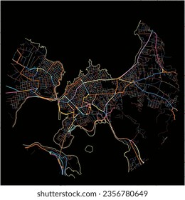 Map of Chalcis, Central Greece with all major and minor roads, railways and waterways. Colorful line art on black background.