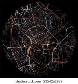 Map of Chalon-sur-Saone, Saône-et-Loire with all major and minor roads, railways and waterways. Colorful line art on black background.