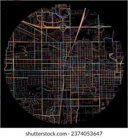 Map of Champaign, Illinois with all major and minor roads, railways and waterways. Colorful line art on black background.