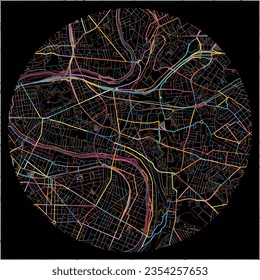 Map of Champigny-sur-Marne, Val-de-Marne with all major and minor roads, railways and waterways. Colorful line art on black background.