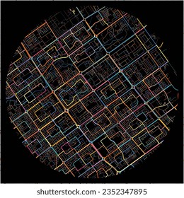 Map of Chandigarh, Chandigarh with all major and minor roads, railways and waterways. Colorful line art on black background.
