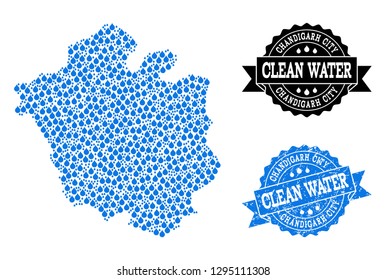 Map of Chandigarh City vector mosaic and clean water grunge stamp. Map of Chandigarh City formed with blue water dews. Seal with grunge rubber texture for clear drinking water.