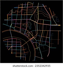 Map of Changde, Hunan with all major and minor roads, railways and waterways. Colorful line art on black background.
