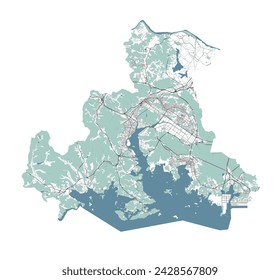 Map of Changwon, South Korea. Detailed city vector map, metropolitan area with border. Streetmap with roads and water.