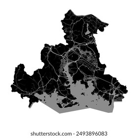 Map of Changwon, South Korea. Detailed city vector map, metropolitan area with border. Black and white streetmap with roads and water.