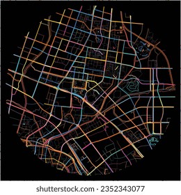 Map of Changzhou, Jiangsu with all major and minor roads, railways and waterways. Colorful line art on black background.