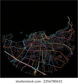 Map of Chania, Crete with all major and minor roads, railways and waterways. Colorful line art on black background.