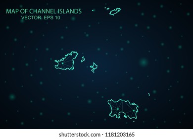 Map Channel Islands. Wire Frame 3D mesh polygonal network line, design sphere,Channel Islands map on dark background. Vector illustration eps 10.