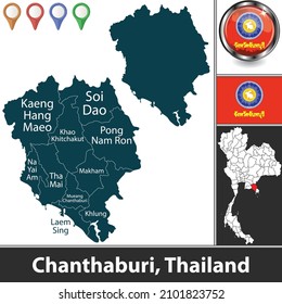 Karte der Provinz Chanthaburi mit Bezirken und Lage auf thailändischer Karte. Vektorbild