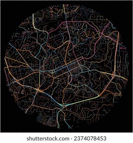 Map of ChapelHill, North Carolina with all major and minor roads, railways and waterways. Colorful line art on black background.