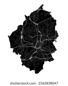 Map of Charleroi, Belgium. Detailed city vector map, metropolitan area. Black and white streetmap with roads and water.