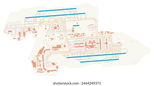 Mapa del Aeropuerto Charles de Gaulle (Aeropuerto de Roissy) (Francia). Código IATA: CDG. Diagrama del aeropuerto con pistas de aterrizaje, pistas de rodaje, delantales, zonas de aparcamiento y edificios. Datos del mapa de OpenStreetMap.