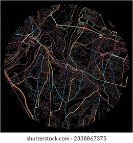 Map of Chatham, South East England with all major and minor roads, railways and waterways. Colorful line art on black background.