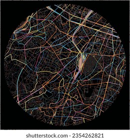 Map of Chatillon, Hauts-de-Seine with all major and minor roads, railways and waterways. Colorful line art on black background.