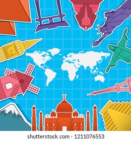 map check in point travel around the world concept on blue Background. Top world famous landmark. blank space for text and content paper art, vector, banner, Poster,