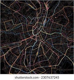 Map of Chemnitz, Saxony with all major and minor roads, railways and waterways. Colorful line art on black background.