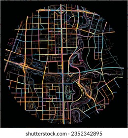 Map of Chengdu, Sichuan with all major and minor roads, railways and waterways. Colorful line art on black background.