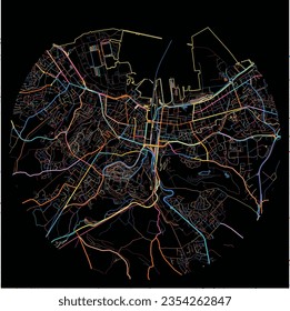 Map of Cherbourg-Octeville, Manche with all major and minor roads, railways and waterways. Colorful line art on black background.