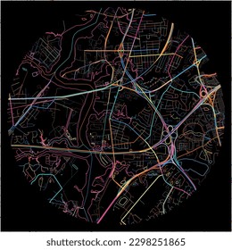 Map of Chesapeake, Virginia with all major and minor roads, railways and waterways. Colorful line art on black background.