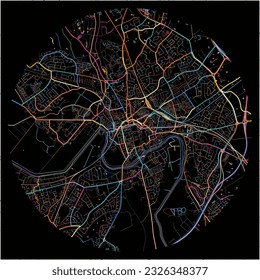 Map of Chester, North West England with all major and minor roads, railways and waterways. Colorful line art on black background.