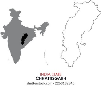 Map of Chhattisgarh, Map of Chhattisgarh with Indian Map, Chhattisgarh state of  India Vector Illustration, Outline Map of Chhattisgarh, India.