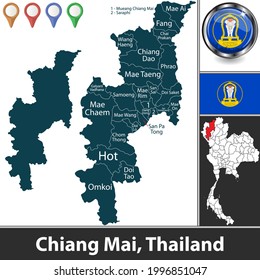 Mapa de la provincia de Chiang Mai con distritos y ubicación en el mapa tailandés. Imagen del vector