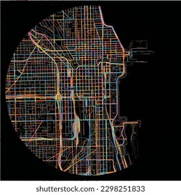 Map of Chicago, Illinois with all major and minor roads, railways and waterways. Colorful line art on black background.