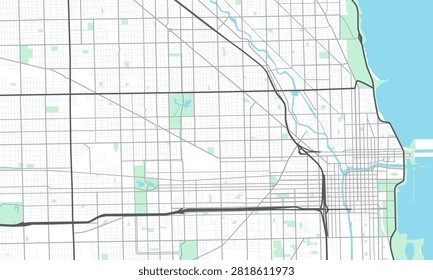 a map of chicago with a road and river.
