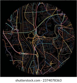 Map of Chicopee, Massachusetts with all major and minor roads, railways and waterways. Colorful line art on black background.