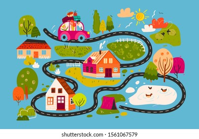 Map for children, traveling family on a picnic on the way through town with houses and lawns to camping tent near lake. Vector illustrations in child drawing style with small houses, trees, lambs