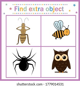Map for children's development, find an extra object, theme insects and birds, owl bird is an extra picture. Vector illustration. Design of children's books, education