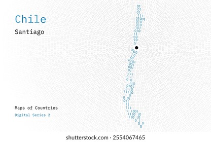 A map of Chile depicted in zeros and ones in the form of a circle. The capital, Santiago, is shown in the center of the circle