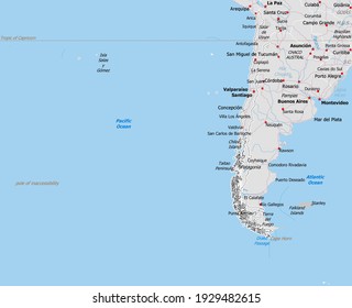 Map of Chile. Map is drawn in high detail and for clarity shows only major cities. Country is drawn with neighboring countries.