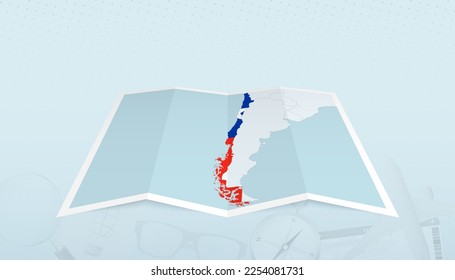 Map of Chile with the flag of Chile in the contour of the map on a trip abstract backdrop. Travel illustration.