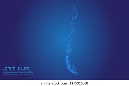 Map of chile - With glowing point and lines scales on the dark gradient background.chile map with country borders, thin Blue outline on Dark background.