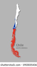 Map of Chile with national flag. Highly detailed editable Chilean map, South America country territory borders. Political or geographical design vector illustration on gray background