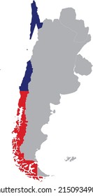Map of Chile with national flag within the gray map of the southern region of South America