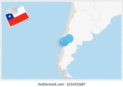 Map of Chile with a pinned blue pin. Pinned flag of Chile, vector illustration.