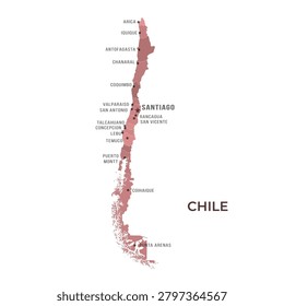 Map of CHILE with Regions Borders and Famous Cities