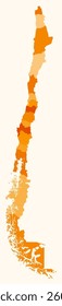 Map of Chile with regions. Just a simple country border map with region division. Orange color palette. Plain Republic of Chile shape with administrative division. Vector illustration.